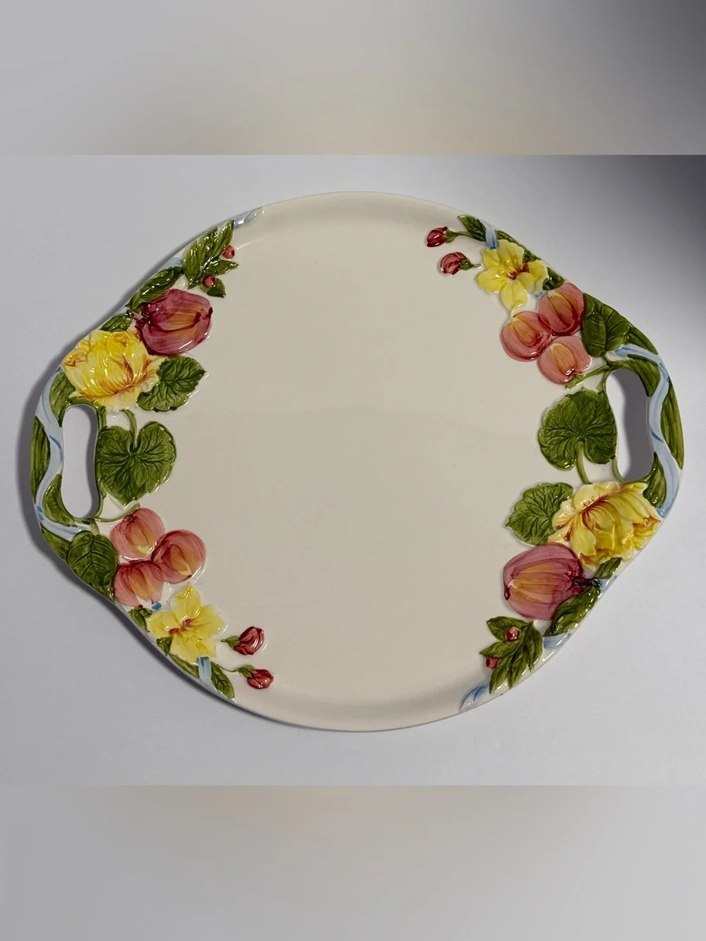Vintage Japan Majolica Ceramic Fruit & Floral Handled Platter Tray⁠